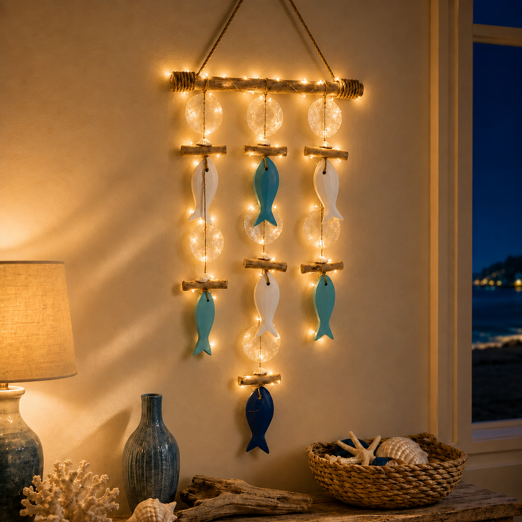 Coastal Fish & Shell Wind Chime Wall Decor with Removable Warm Lights