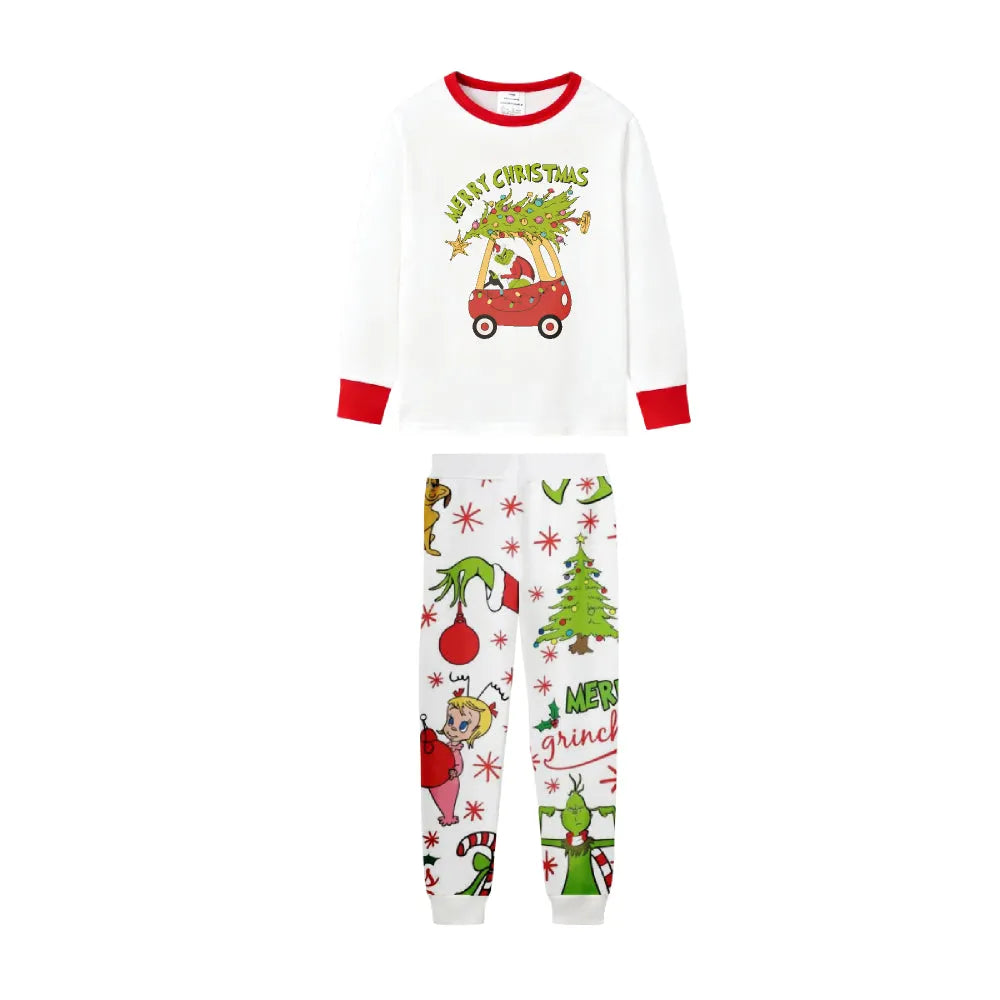 Family Christmas White Pajamas Set With Funny Pattern Design