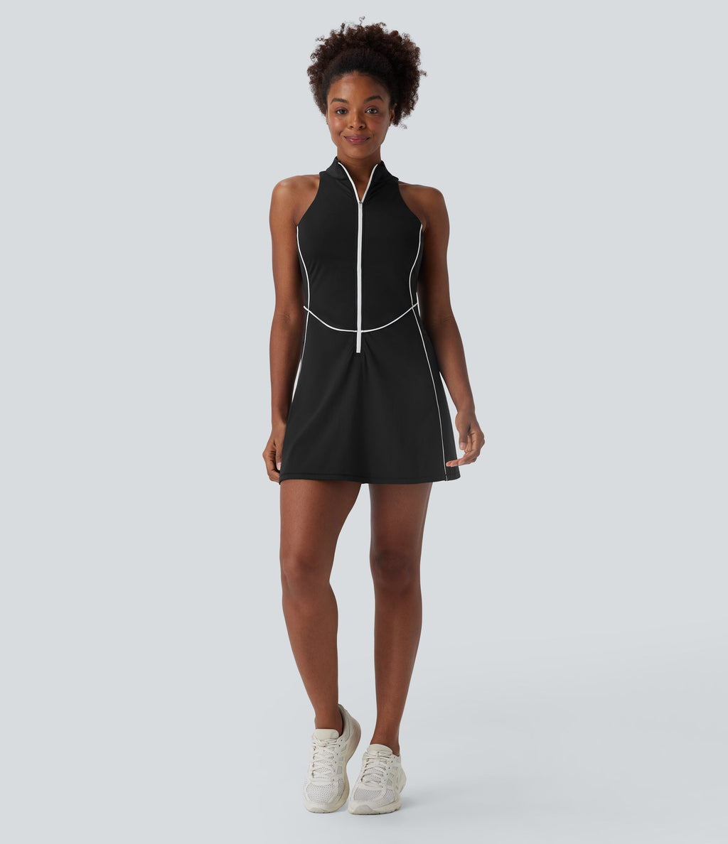 SoftlyZeroTM QuickDry Sleeveless Half Zip Mini Golf Active Dress with Pockets-Golf Tee