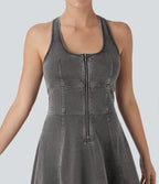 FlexTM Racerback Sleeveless Half Zipper Mini Washed Denim Casual Dress