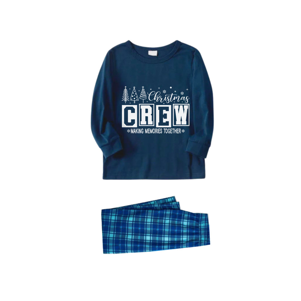 Christmas Family Matching Pajamas-Navy & Sky Blue Plaid Pjs Set with "Christmas Crew Making Memories Together" Print