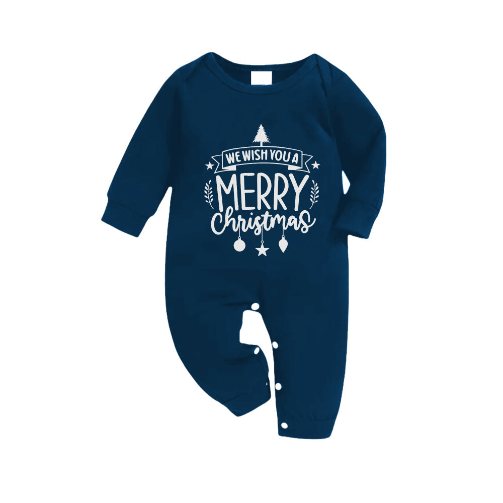 Christmas Family Matching Pajamas-Navy & Sky Blue Plaid Pjs Set with "We Wish You A Merry Christmas" Slogan Print