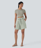 High Waisted Belted Casual Linen-Feel Bermuda Shorts with Pockets