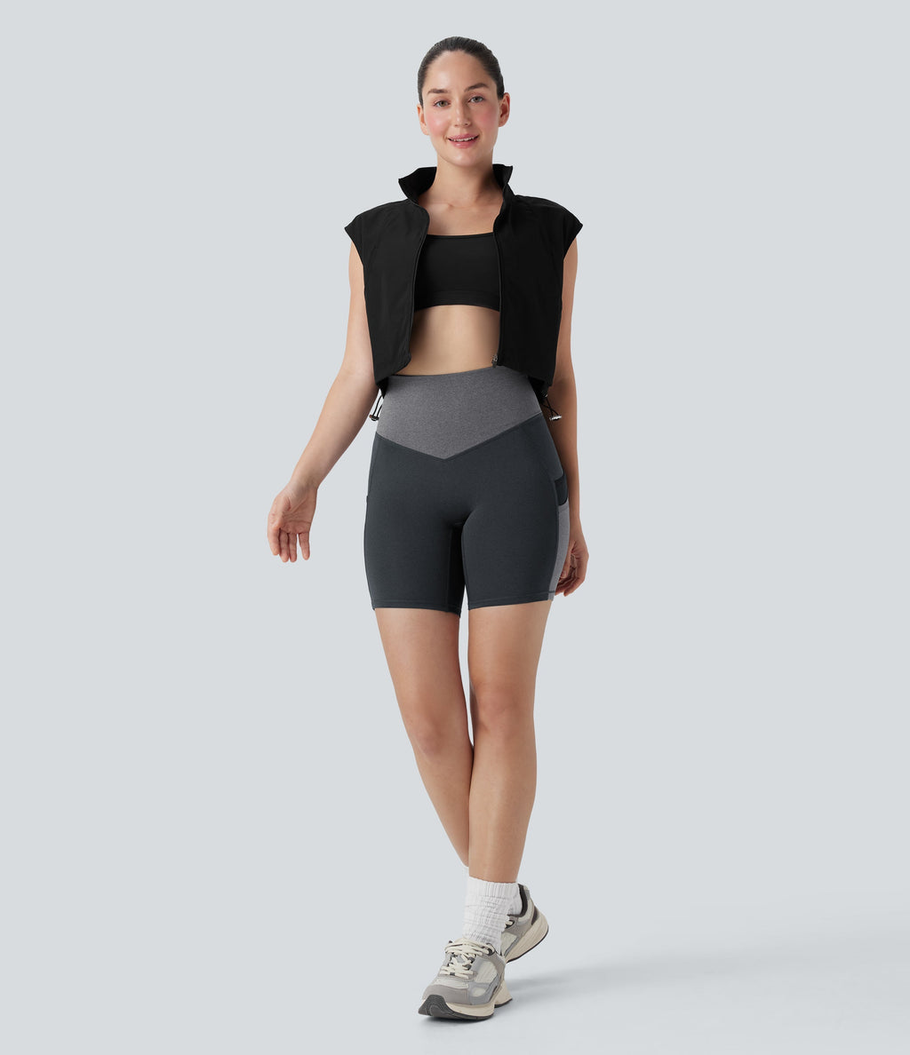 High Waisted Color Block Contrast Mesh Quick Dry Yoga Biker Shorts 7'' with Pockets