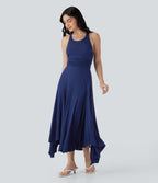 Ruched Asymmetric Hem Flowy Maxi Casual Dress