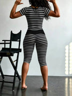 Yellow Grey Striped Two Piece Loungewear Set Crew Neck Short Sleeve Slim Crop Top High Waist Capri Leggings Stretch Fitted Matching Outfit ideal for home relaxation gym training grocery runs and casual everyday all season comfy outfits