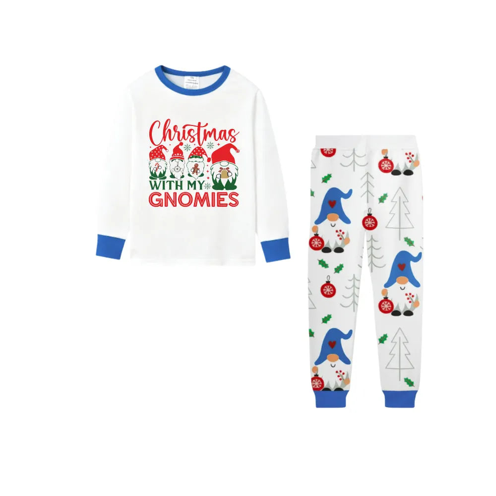 Blue Holiday Christmas Family Pajamas Set with Cheerful Gnome Print Pattern