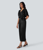 Crossover V Neck Belted Wide Leg Satin-like Work Jumpsuit with Pockets