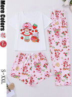Women's Casual Cute Strawberry Print 3 Piece Pajama Set