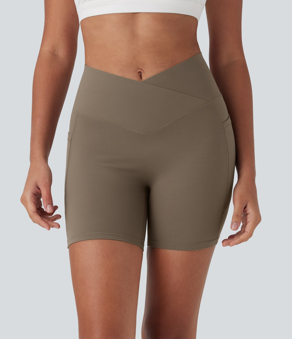 UltraSculptTM High Waisted Crossover Tummy Control Butt Lifting Yoga Biker Shorts 5'' with Pockets