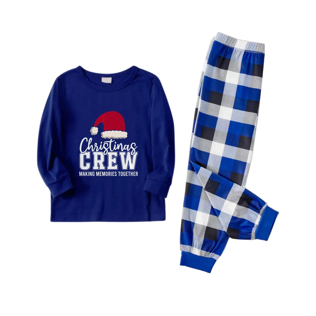 Christmas Family Matching Pajamas-Navy & White Plaid Pjs Set with "Christmas Crew Making Memories Together" and Santa Hat Pattern Print