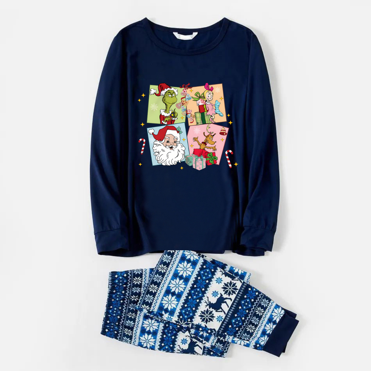 Joyful Blue Christmas Pajamas Set With Christmas Cartoon Pattern Print