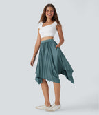 High Waisted Pleated Asymmetrical Hem Casual Skirt with Pockets