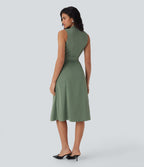 Anti-wrinkle V Neck Sleeveless Wrapped Belted Midi Travel Dress with Pockets