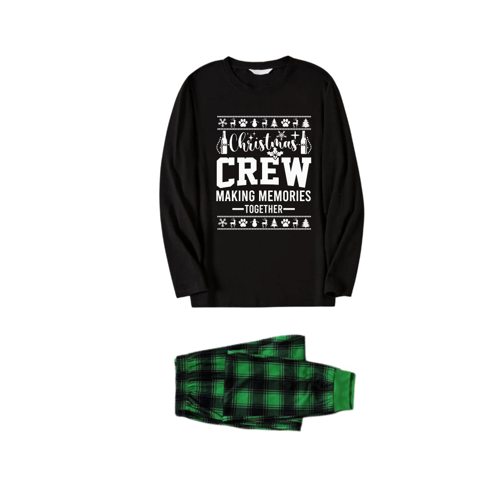 Christmas Family Matching Pajamas-Black Top and Green Plaid Pants Pjs Set with "Christmas Crew" and Christmas Pattern Print
