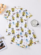 Women's Monkey Print Pajama Set, Short Sleeve Button Front Top & Elastic Shorts