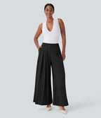 High Waisted Linen-Feel Work Wide Leg Pants with Pockets