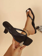 Square Toe Wide Foot Thong Sandals With Thin Heel, Versatile Outdoor Wear Thin Heel Thong Flip Flops For Women, Chic & Elegant