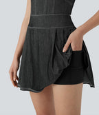 FlexTM Pleated Hem 2-in-1 Cool Touch Washed Denim Tennis Active Dress with Pockets