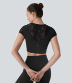 SoftlyZeroTM Contrast Lace Short Sleeve Cropped Yoga Sports Top-UPF50+