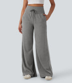 2026🔥 Ribbed SoCinched High Waisted Tummy Control Drawstring Wide Leg Color Block Casual Trousers with Pockets