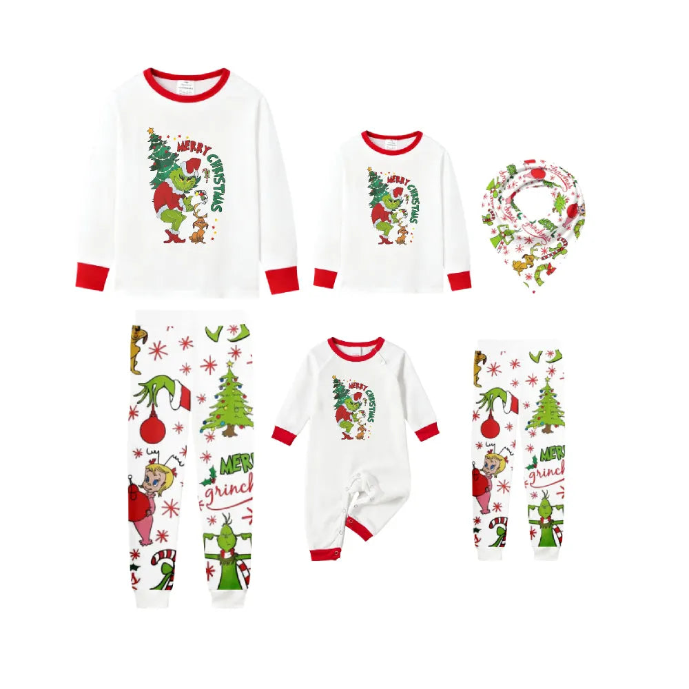 Family Christmas White Pajamas Set With Cute Xmas Pattern Print