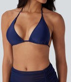 Sheer Mesh Halter Tie Back Drawstring 3-Piece Bikini Set