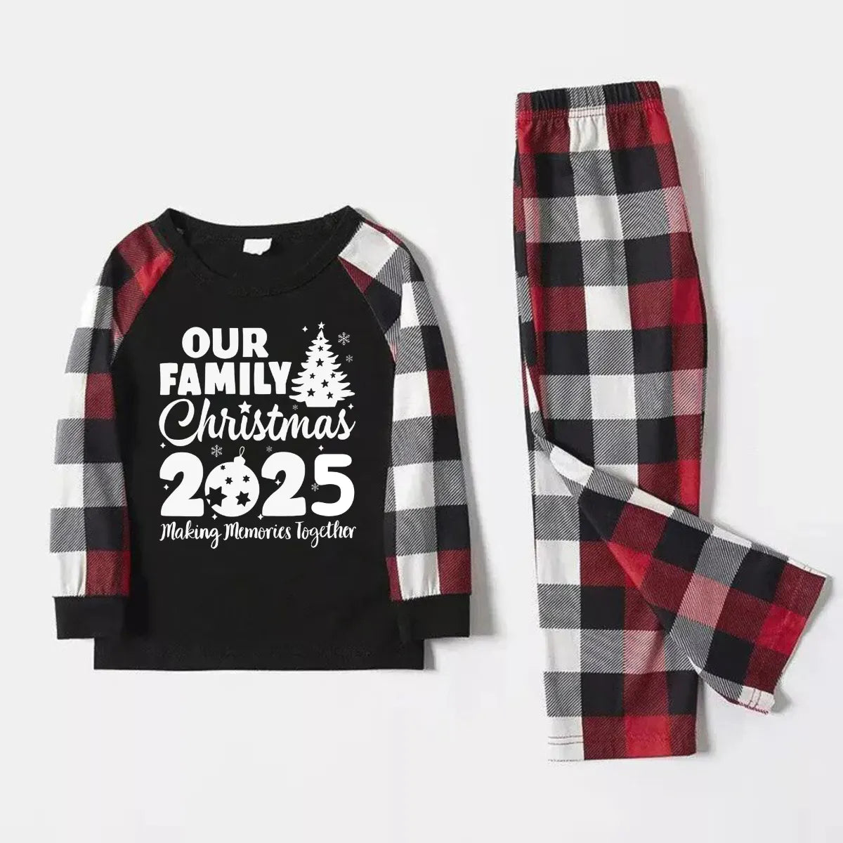Christmas Tree & "2025 Making Memories Together" Patterned Plaid Sleeve Contrast Tops and Red & Black & White Plaid Pants Family Matching Pajamas Set With Dog Bandana