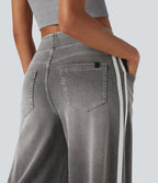FlexTM High Waisted Stripe Wide Leg Flowy Washed Casual Jeans with Pockets