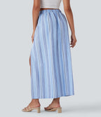 High Waisted Stripe Maxi Linen-Feel Skirt with Pockets