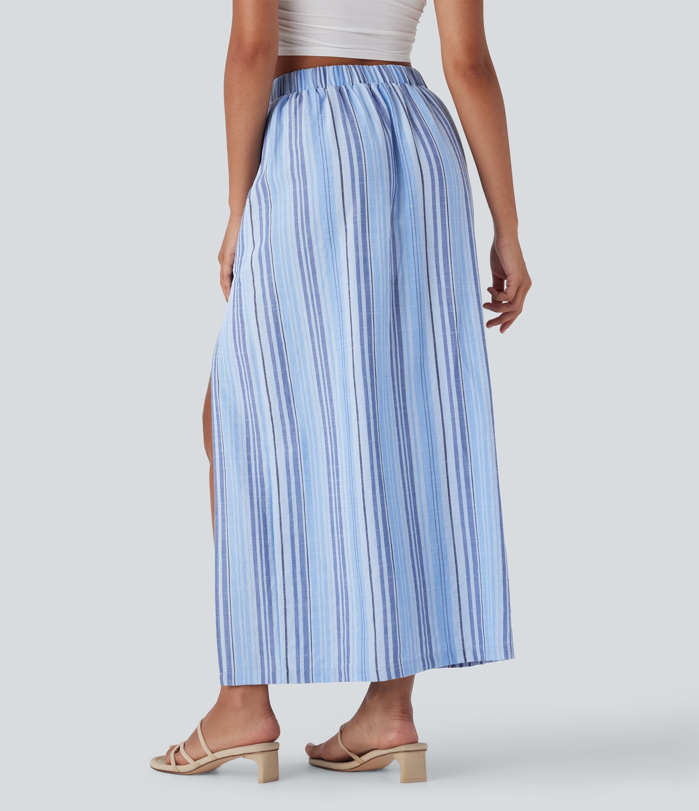 High Waisted Stripe Maxi Linen-Feel Skirt with Pockets