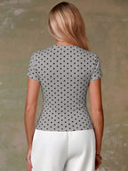 Women's Casual Red Single-Breasted Short Sleeve Fitted Top,Red Top,Christmas, Cute Vacation,Resort Wear,Summer Holiday,Spring,Spring Break,Beach