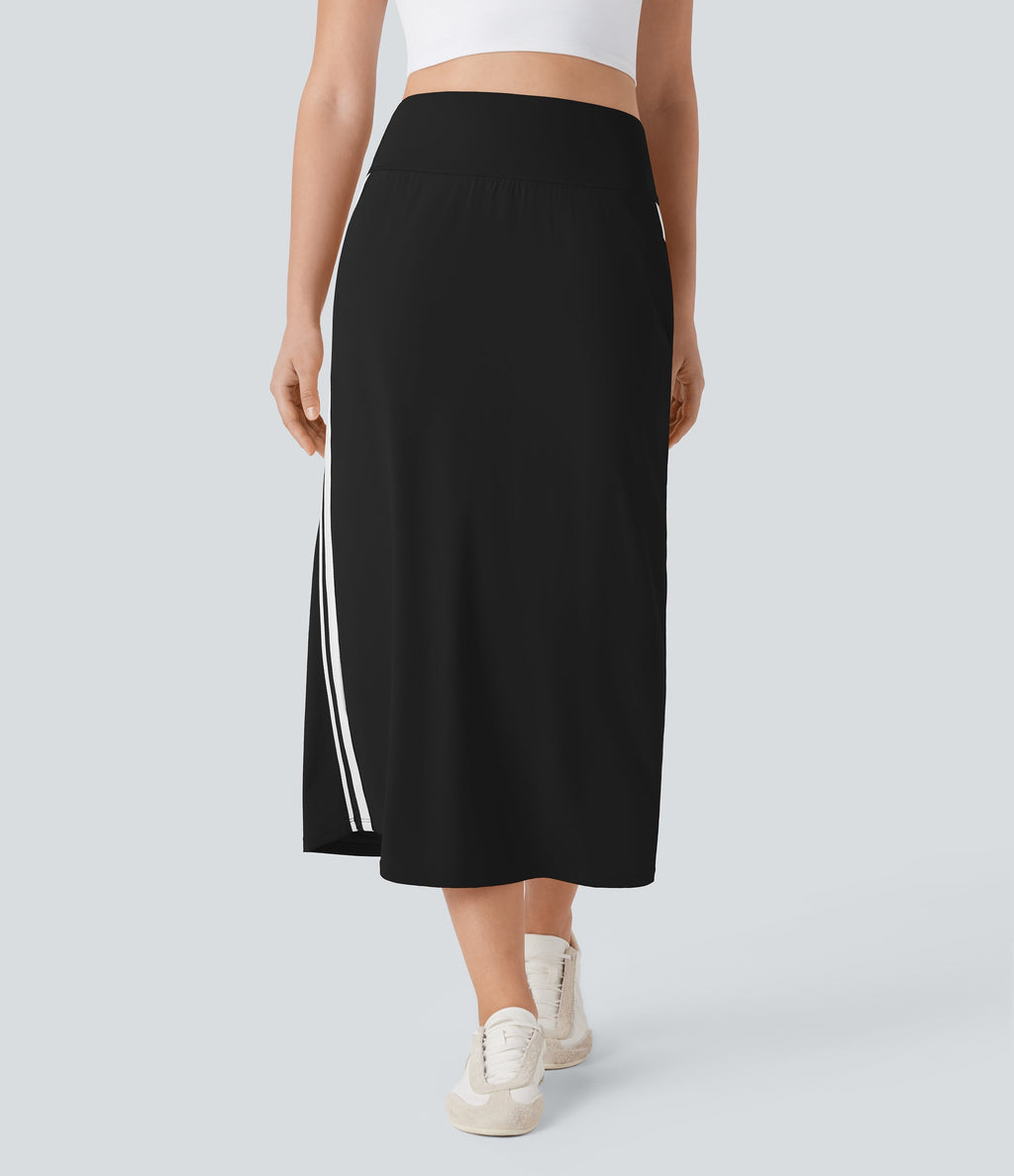 SoftlyZeroTM QuickDry SoCinched High Waisted Tummy Control 2-in-1 Color Block Midi Workout Skirt with Pockets