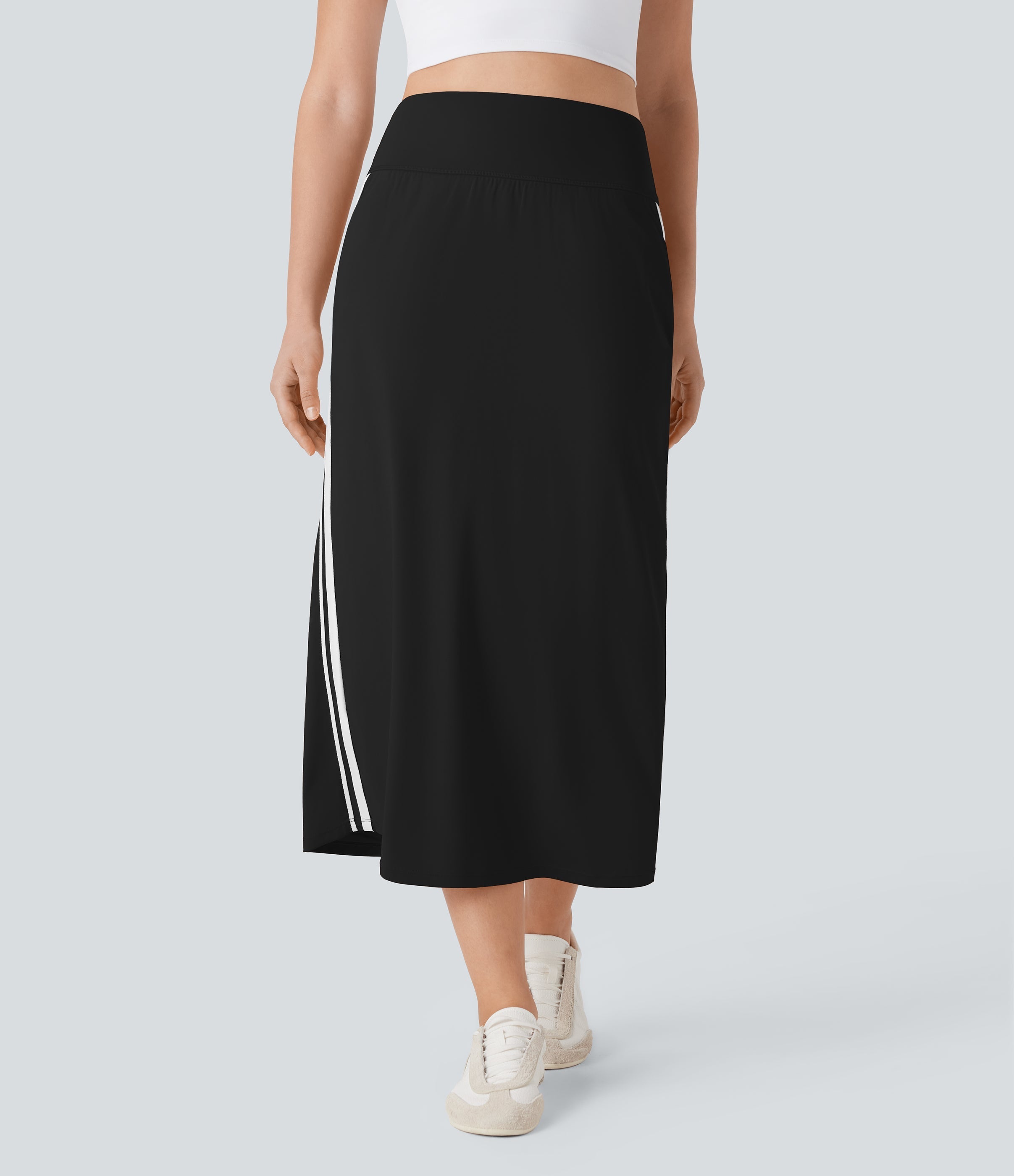 SoftlyZeroTM QuickDry SoCinched High Waisted Tummy Control 2-in-1 Color Block Midi Workout Skirt with Pockets