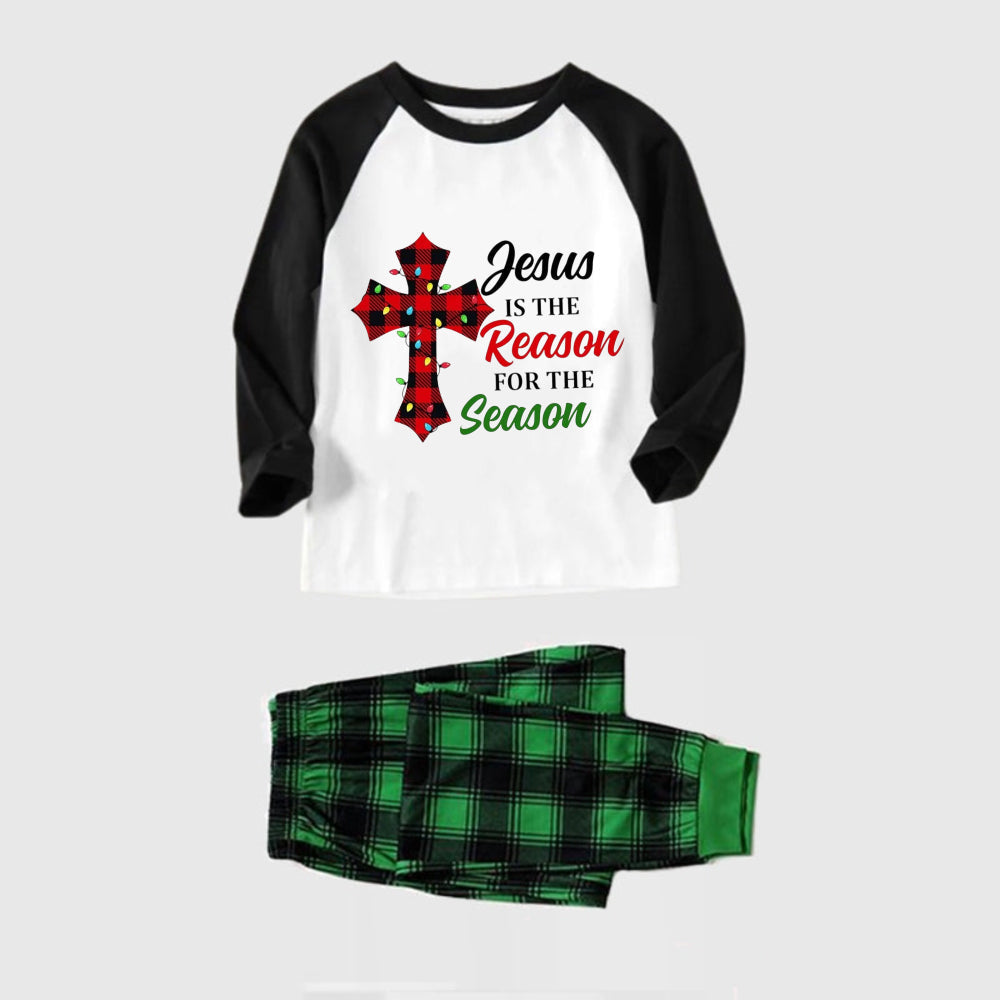 Black Raglan Top Green Plaid Christmas Pajamas Set With "Jesus Is The Reason For The Season" Slogan Print