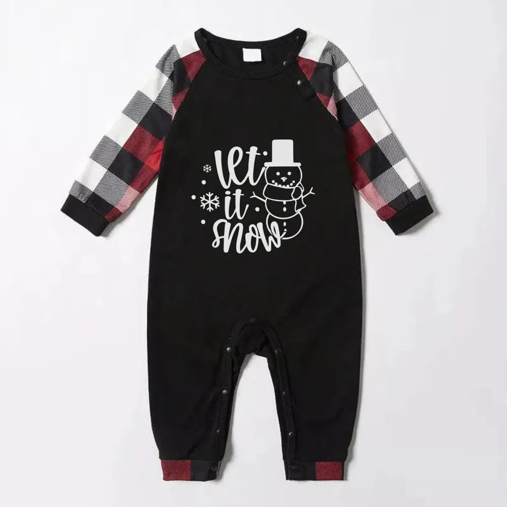 Christmas Family Matching Pajamas-Red and Gray Plaid Pjs set with "Let It Snow" Black & White Text Print