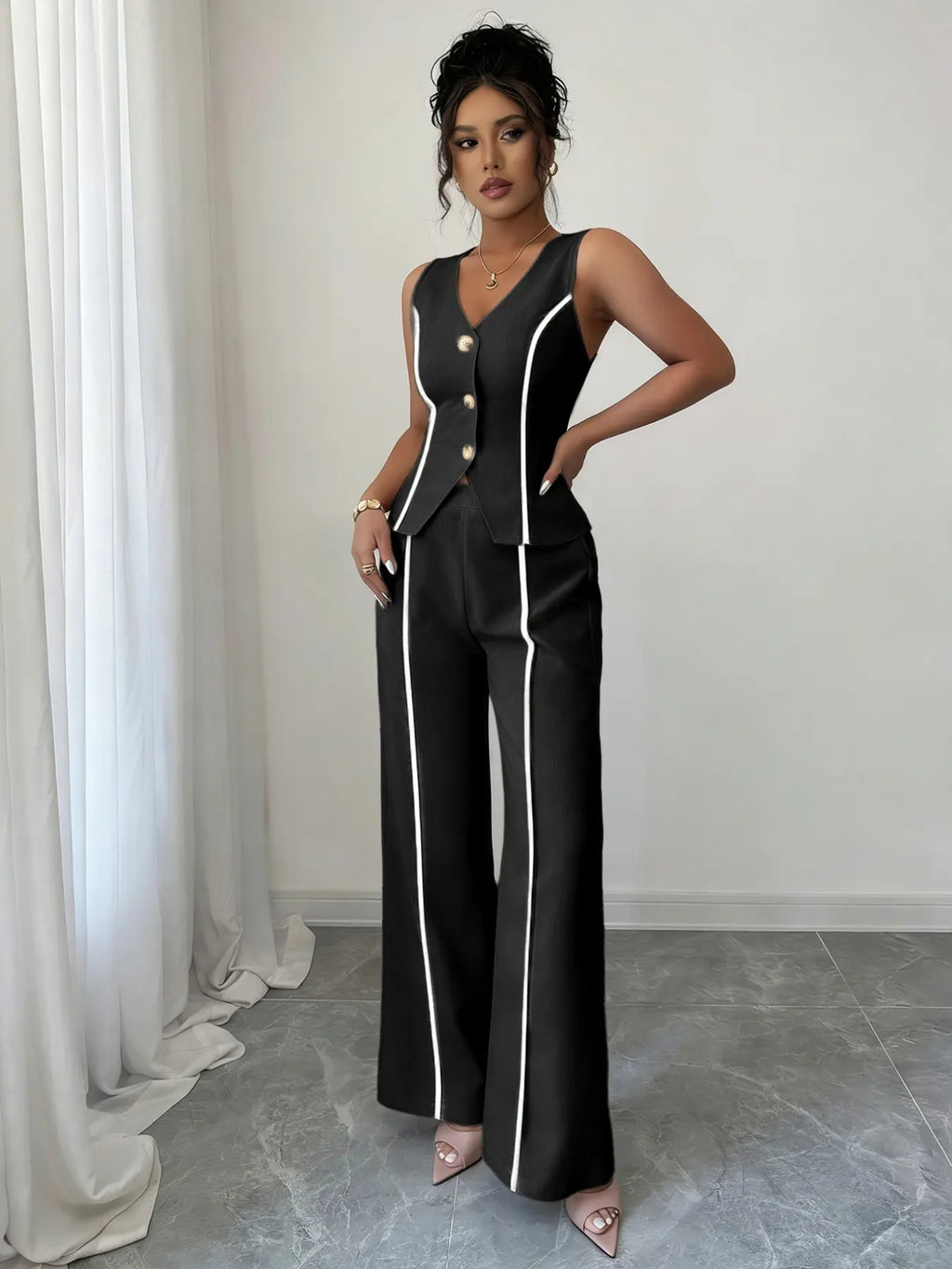Colorblock V-Neck Sleeveless Button Vest Set Suits with Wide Leg Pants, Spring & Fall Fashion, Minimalist, Slim Fit, Plain Pattern, Natural Waist, Womenswear
