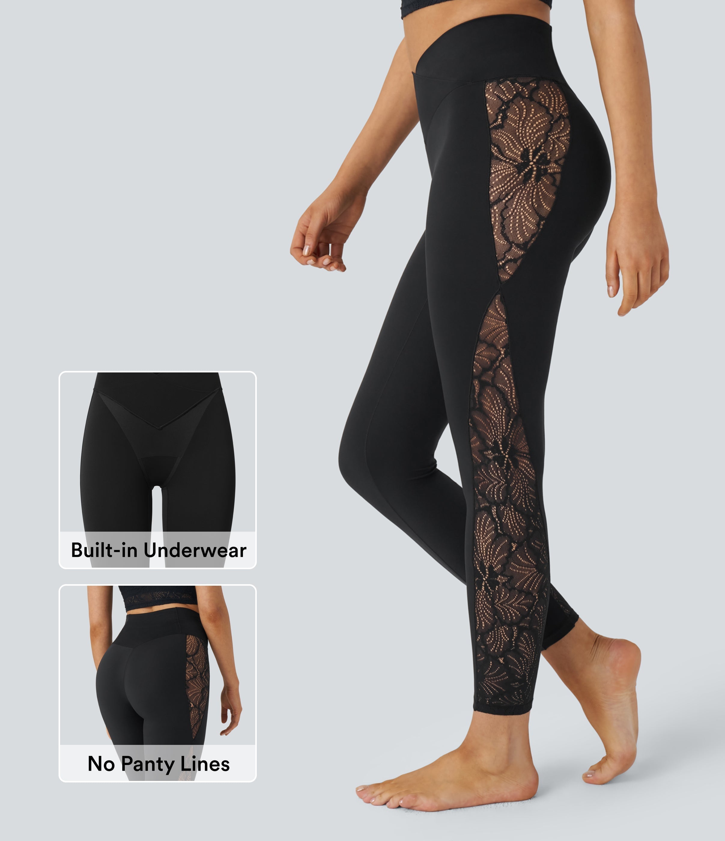 SoftlyZeroTM High Waisted Crossover Contrast Lace Built-in Underwear Yoga Leggings with Pocket-UPF50+