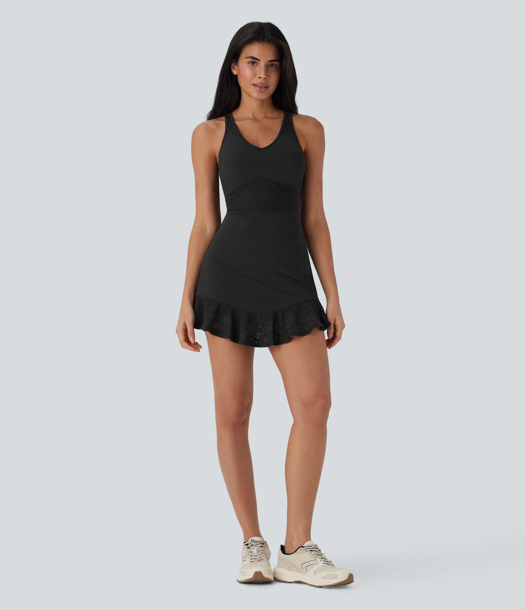 SoftlyZeroTM Contrast Lace 2-Piece Mini Yoga Active Dress with Pocket
