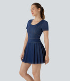 FlexTM Pleated Hem 2-in-1 Cool Touch Washed Denim Tennis Active Dress with Pockets