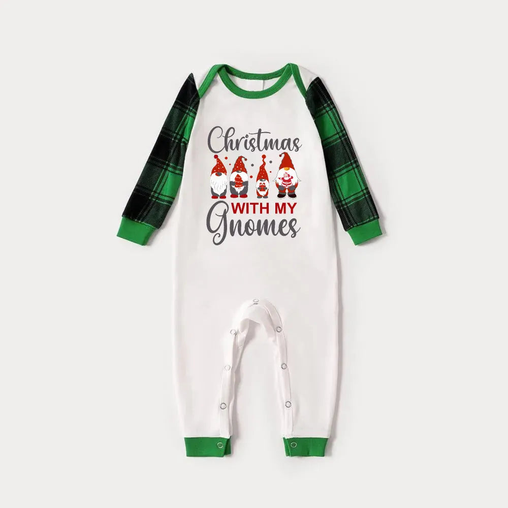 Green Raglan Top Green Plaid Christmas Pajamas Set With "Christmas WITH MY Gnomes" red and grey Cartoon Pattern Print