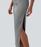 Boat Neck Cap Sleeve Ruched Satin Dress