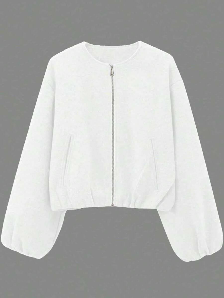 Women's Baseball Jacket Bomber Jacket Street Style Round Neck Drop Shoulder Lantern Sleeve Zip-Up Outerwear, Autumn/Winter Spring