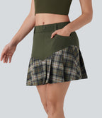 Mid Rise 2-in-1 Contrast Plaid Pleated Mini Casual Skirt with Pockets