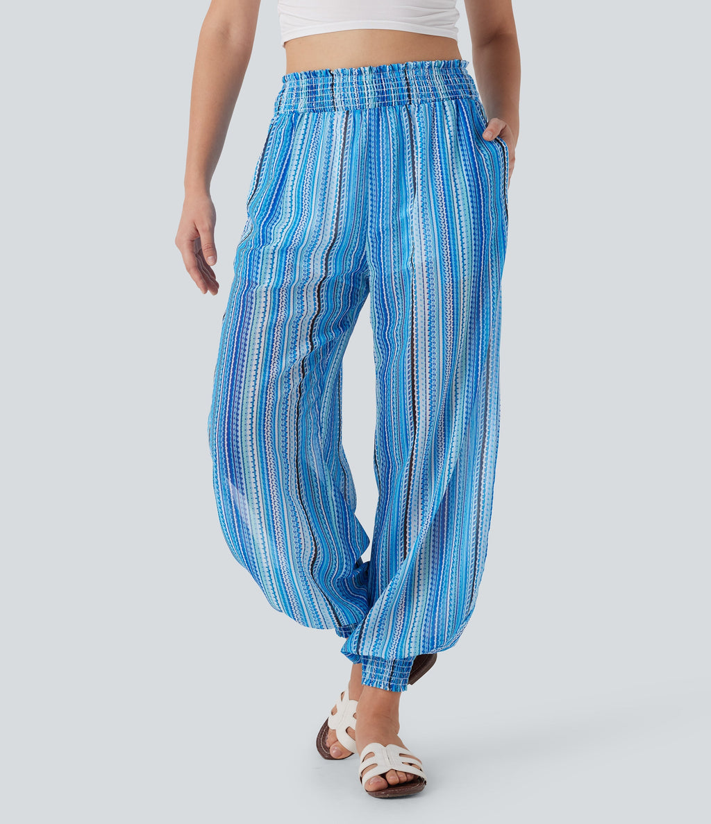 High Waisted Shirred 2-in-1 Stripe Casual Joggers with Pockets