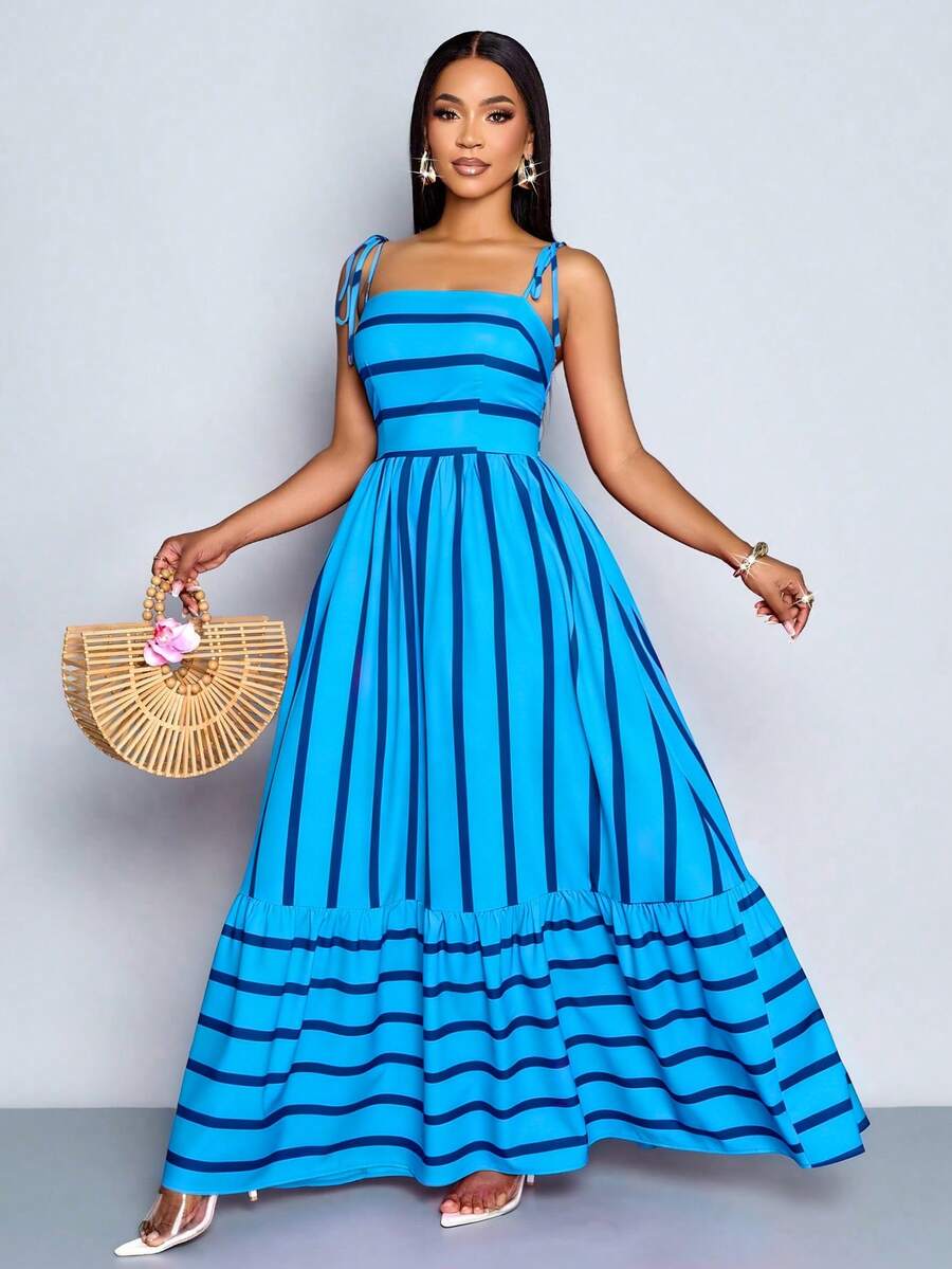 Women's Blue And White Stripe Flowing Maxi Dress,Summer Elegant Holiday Tea Party Holiday,Shoulder Straps Chest Gathering,Beach Casual Gown