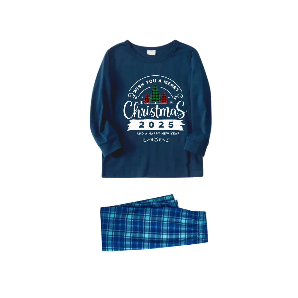 Christmas Family Matching Pajamas-Navy & Sky Blue Plaid Pjs Set with "Wish You A Merry Christmas 2025" Print