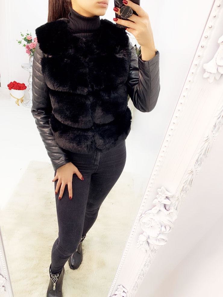 Berlin Black Faux Fur Faux Leather Sleeve Jacket