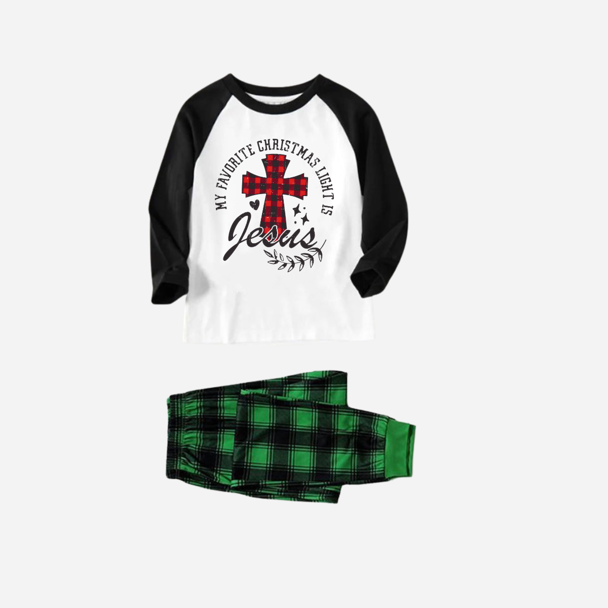 My Favorite Christmas Light Is Jesus Family Christmas Pajamas Set - Black and White Top with Green Plaid Pants