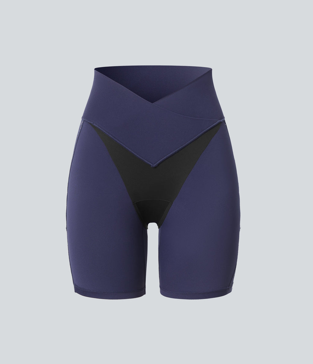 SoftlyZeroTM High Waisted Crossover Contrast Lace Built-in Underwear Yoga Biker Shorts 5'' with Pocket-UPF50+
